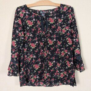 VTG Y2K Notations Women's Dark Floral Blouse M Fairy Whimsygoth 3/4 Bell Sleeve